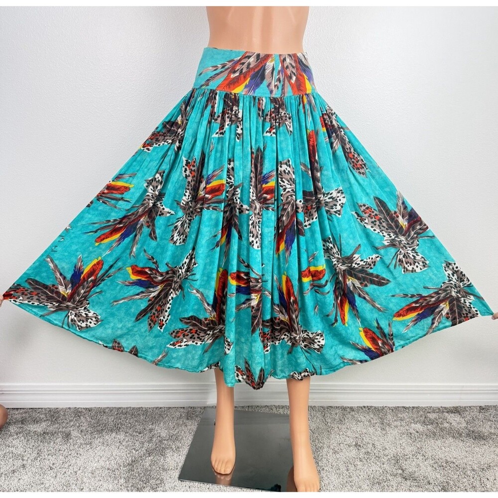 Vtg J.J. Garella Feather Print Maxi Skirt 90s French Boho Elastic Waist 18”-28”